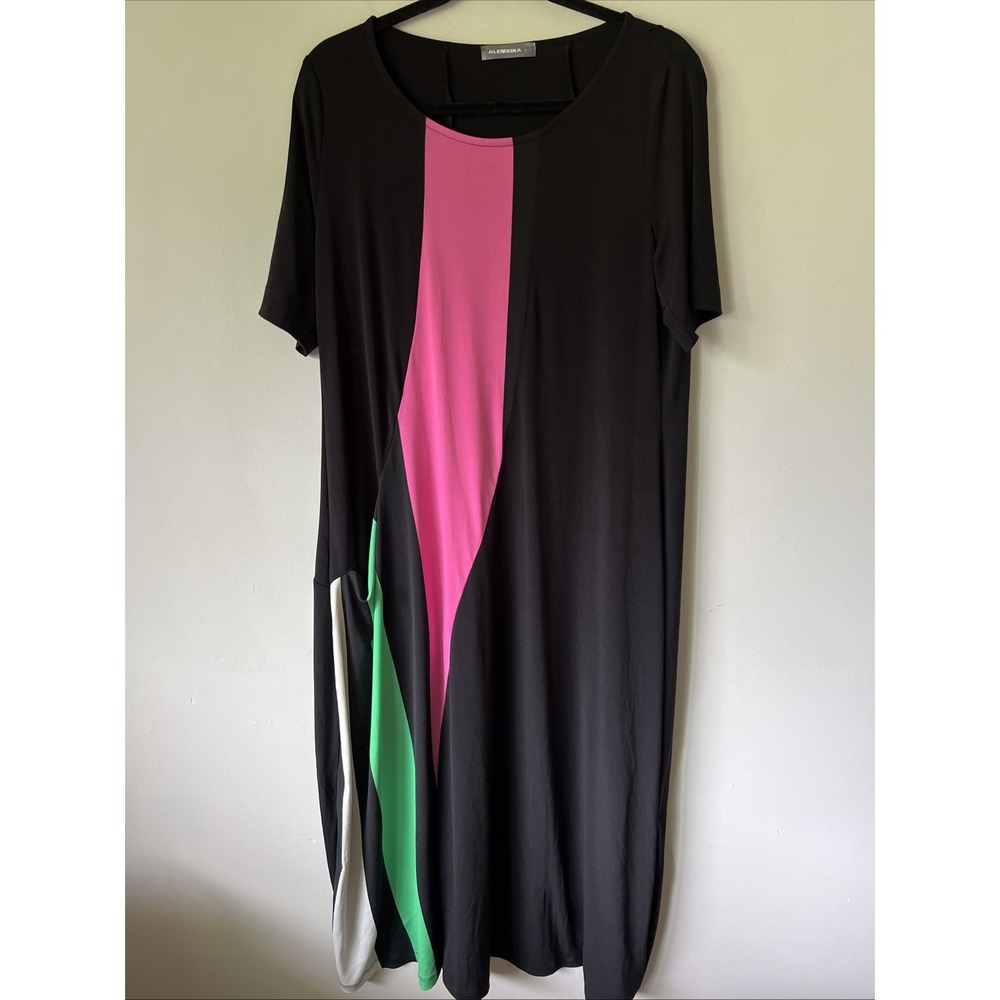 Alembika Lagenlook Tie Dye Jersey Dress Size 3 Black Green Long Sleeve Midi